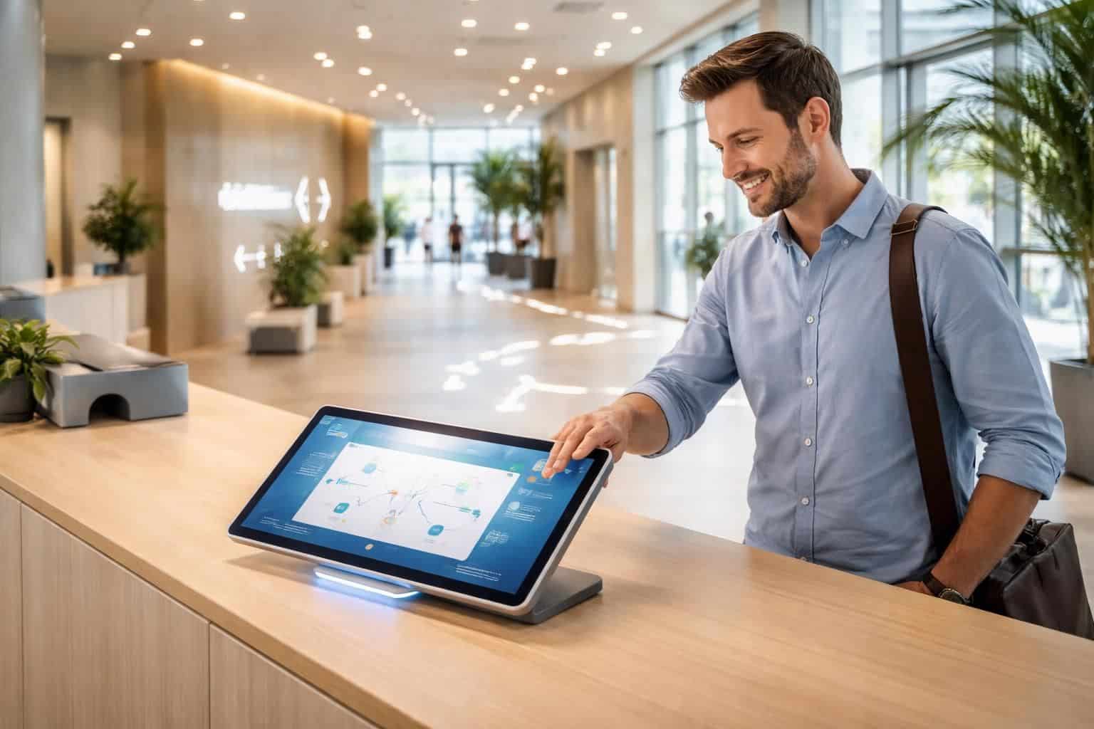 optimisez l'accueil grâce à une tablette tactile et un parcours visiteur automatisé, pour gagner du temps et améliorer l'expérience client.