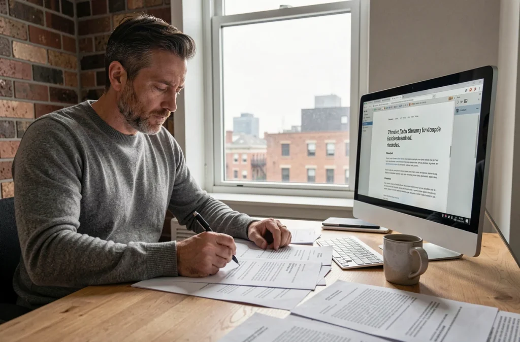 Homme en pull gris annotant des brouillons d'objets d'emails imprimés dans un bureau à domicile minimaliste