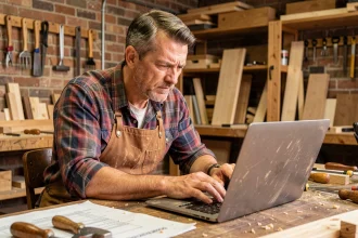 Artisan charpentier remplissant un formulaire d'inscription en ligne sur un vieux laptop dans son atelier, illustrant les erreurs fréquentes lors de l'inscription artisan en 1 clic