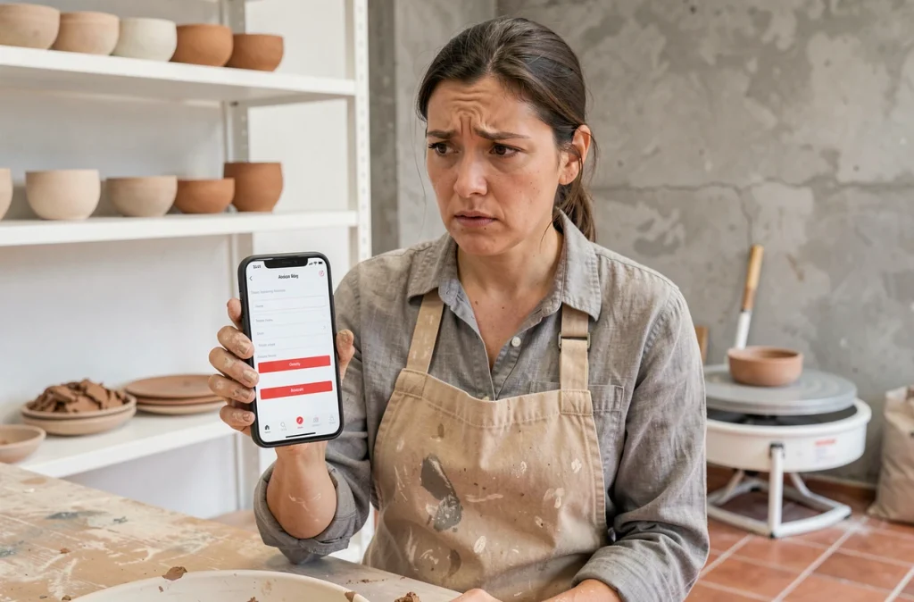 Artisane céramiste tenant un smartphone affichant un formulaire d'inscription artisan incomplet avec des champs manquants, erreurs courantes de création de profil professionnel