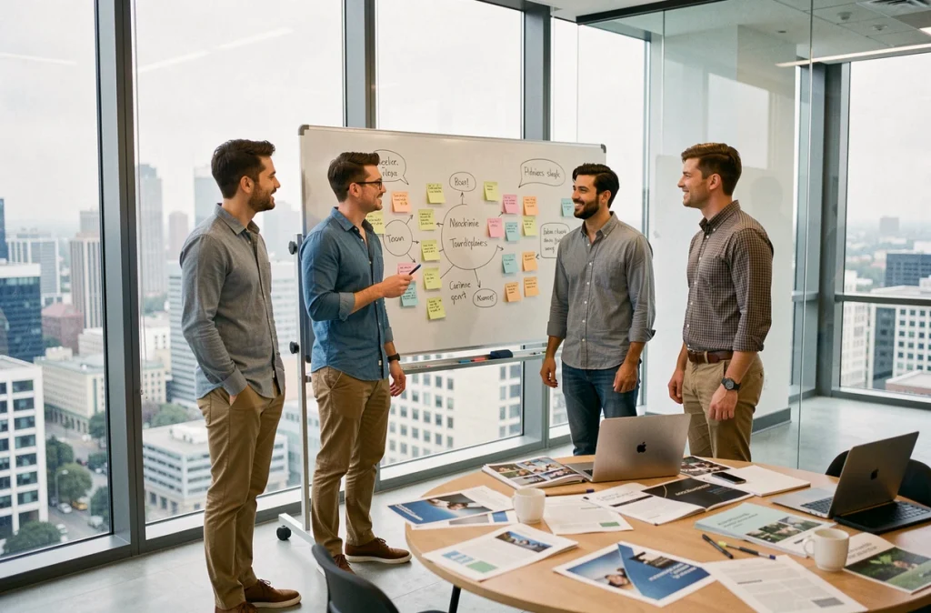 Une équipe de jeunes professionnels en start-up participe à un atelier de formation collaborative autour d'un tableau blanc