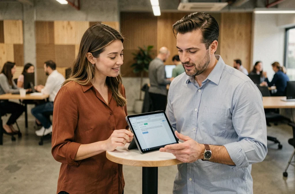 Deux collègues collaborant sur la rédaction d'un objet d'email accrocheur sur une tablette dans un espace de coworking