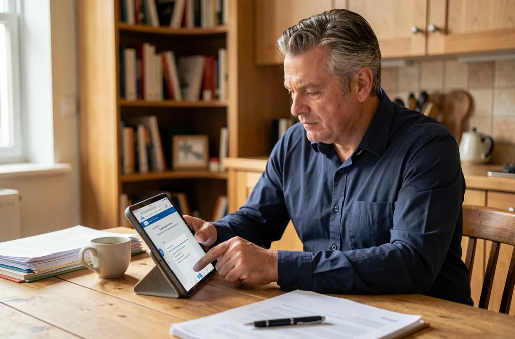 Homme consultant le registre SIRET en ligne sur une tablette depuis son bureau à domicile