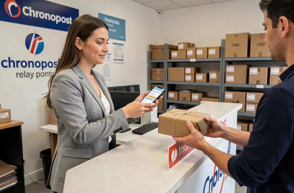 Femme déposant un colis dans un point relais Chronopost avec confirmation de suivi sur smartphone
