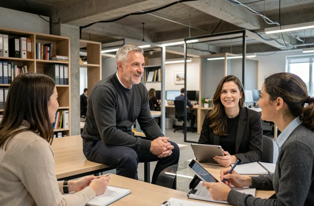Dirigeant masculin en échange transparent et informel avec ses collaborateurs dans un bureau en open space contemporain