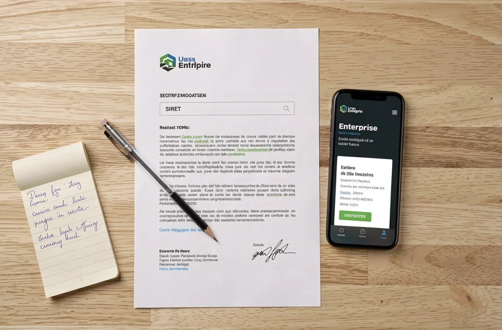 Vue de dessus d'un bureau avec document SIRET imprimé, smartphone et notes manuscrites pour vérification d'entreprise