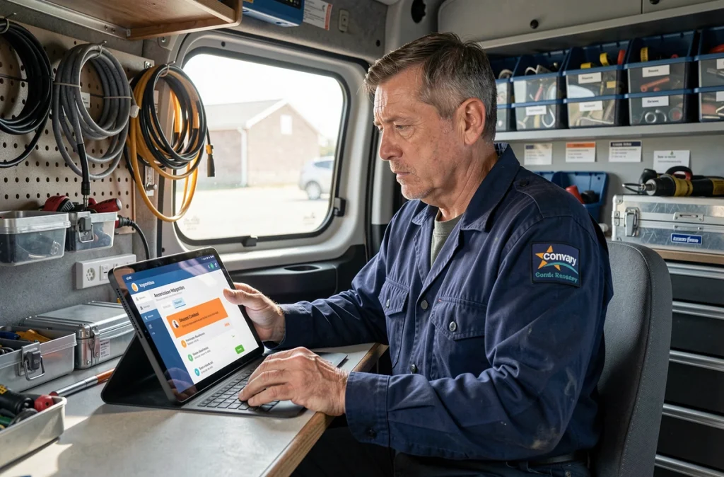 Électricien artisan consultant un tableau de bord d'inscription en ligne depuis l'intérieur de son camion atelier, montrant une alerte d'erreur sur un profil artisan incomplet