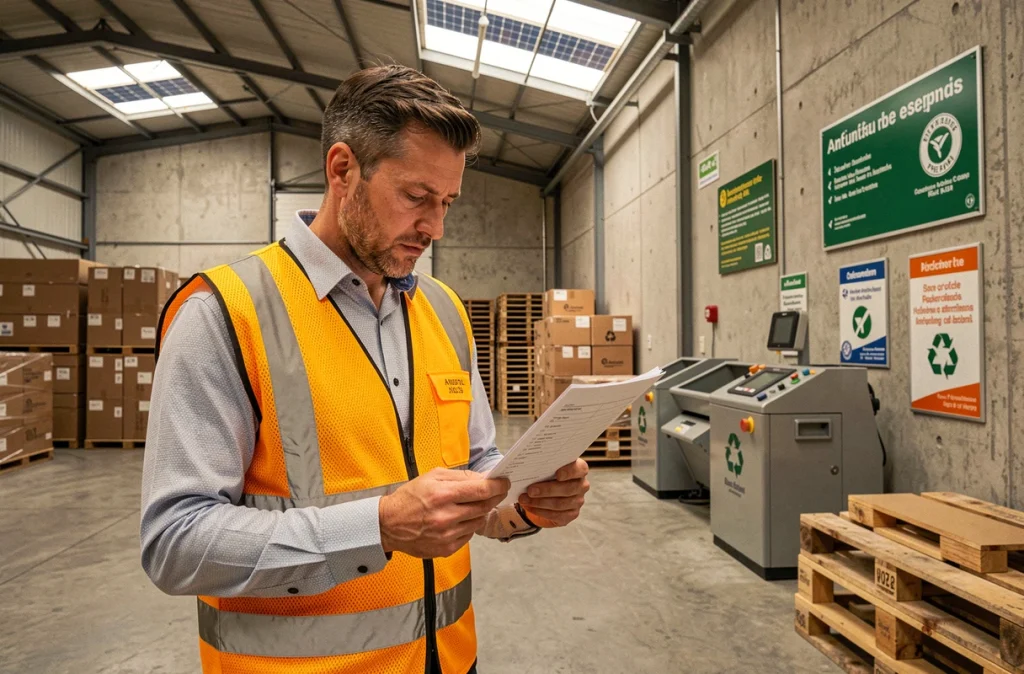 Employé en entrepôt industriel certifié contrôlant les pratiques de recyclage dans le cadre d'une démarche RSE