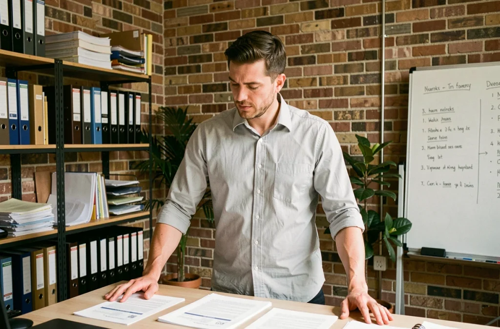 Entrepreneur masculin en chemise grise examinant des documents d'identification d'entreprise incluant le numéro D-U-N-S dans un bureau de startup