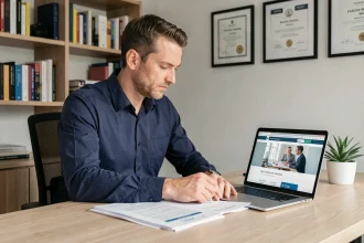 Entrepreneur masculin évaluant une plateforme de conseil en ligne sur son ordinateur portable dans un bureau à domicile professionnel
