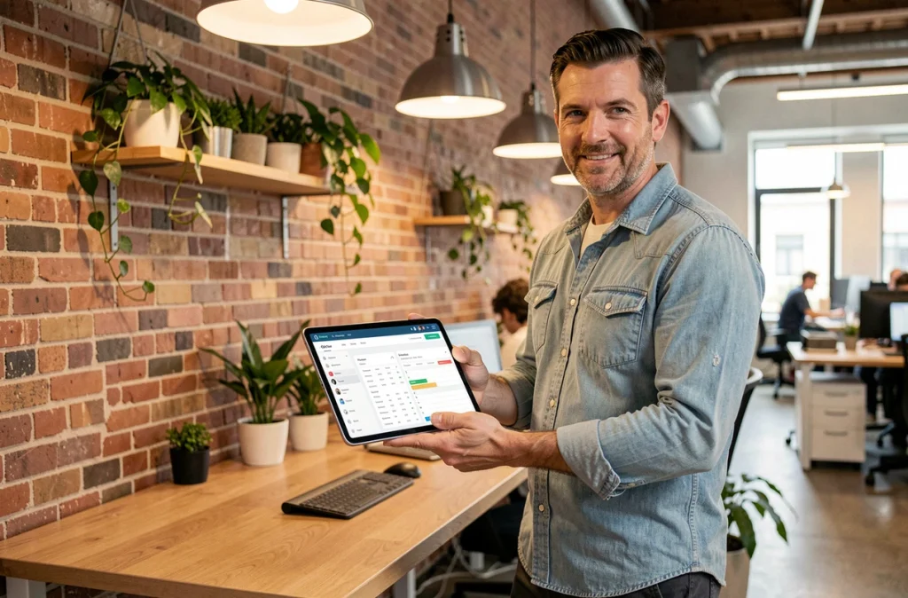 Entrepreneur tenant une tablette affichant une interface de planification d'équipe dans un bureau de startup au style industriel