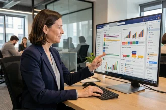 Femme cadre consultant un tableau de bord de gestion de projet sur ordinateur dans un bureau moderne en open space