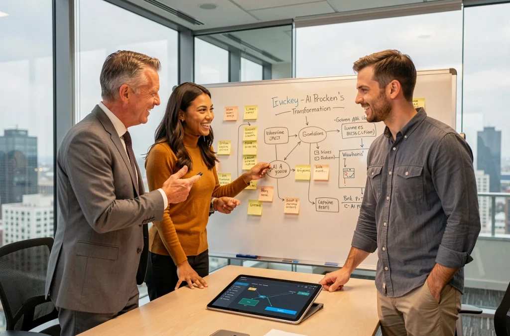 Équipe professionnelle collaborant autour d'un tableau blanc pour intégrer l'intelligence artificielle dans les processus d'entreprise