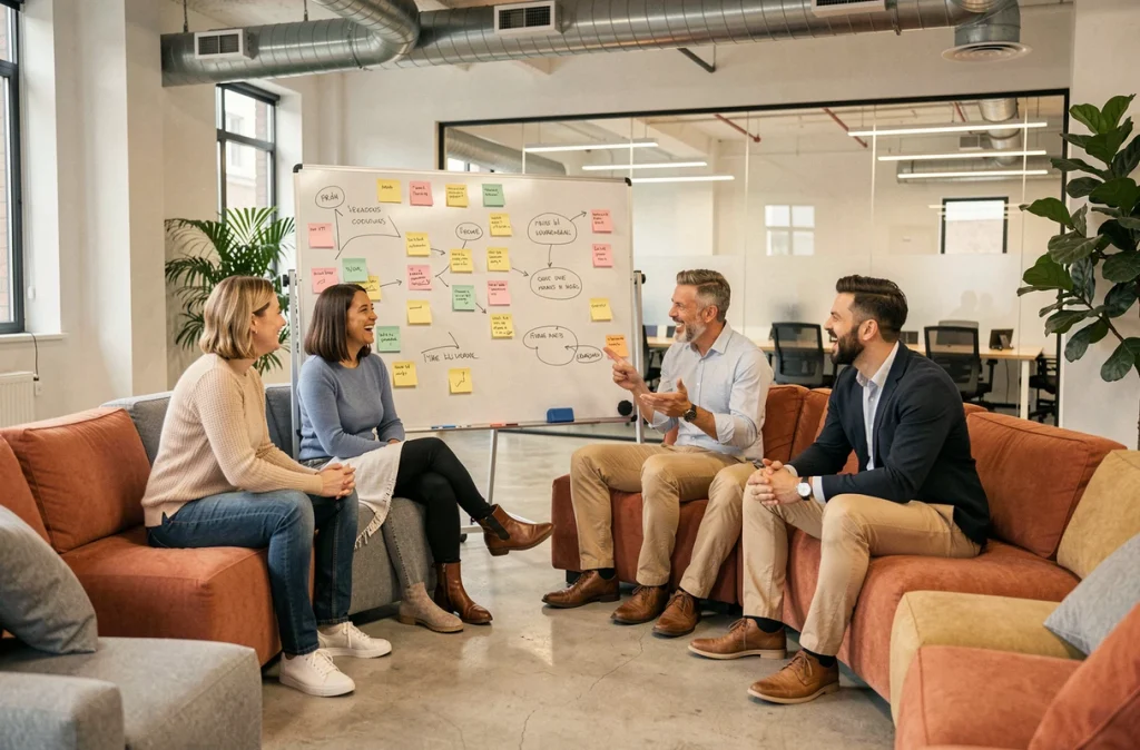 Équipe bienveillante en séance de travail collaboratif autour d'un tableau blanc dans un espace lounge moderne