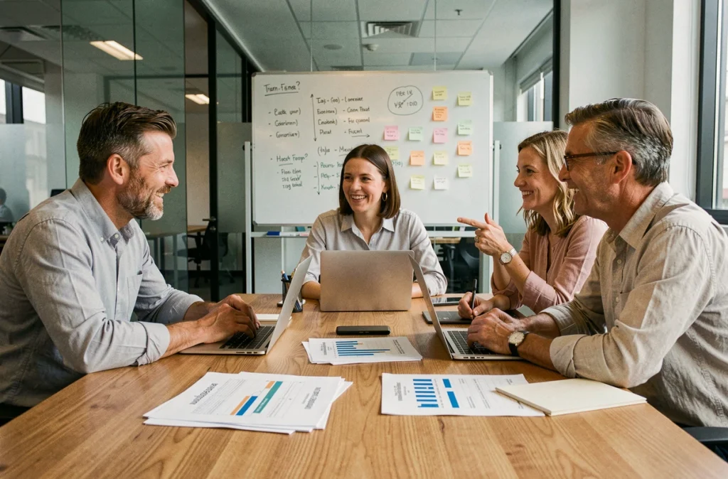 Équipe professionnelle en réunion analysant des rapports de performance avec des outils de gestion collaborative en salle de conférence