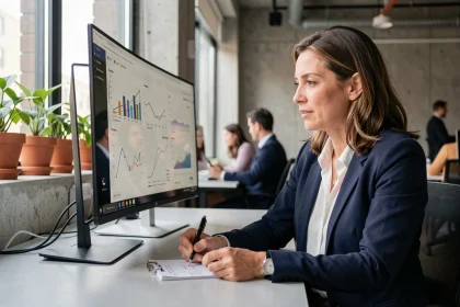 Femme cadre en entreprise analysant des données générées par intelligence artificielle sur un écran dans un open space moderne