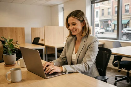 Femme cadre souriante fermant son ordinateur portable dans un open-space peu peuplé, illustrant la semaine de quatre jours en PME