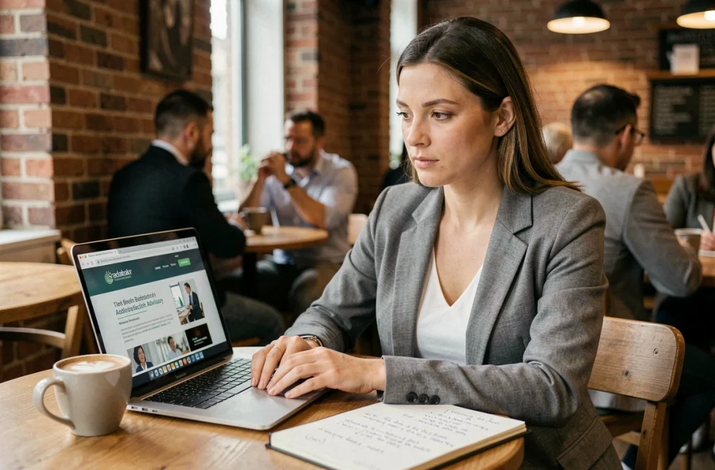 Femme entrepreneur prenant des notes sur une plateforme d'experts en ligne depuis un café, ordinateur ouvert devant elle