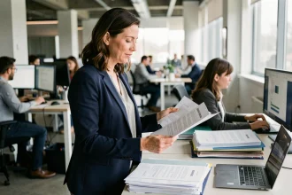 Femme cadre intermédiaire en blazer marine révisant des rapports dans un bureau open-space moderne