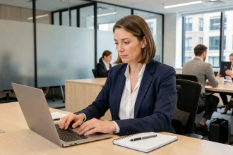 Femme professionnelle en blazer marine complétant une demande de numéro D-U-N-S sur un ordinateur portable dans un bureau moderne