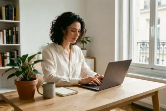 Femme en télétravail à son bureau à domicile à Paris, travaillant sur un laptop en CDI full remote