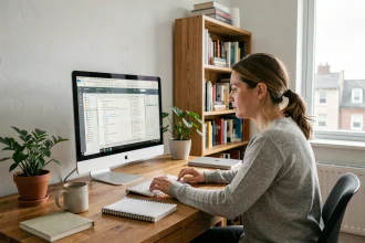 Femme en télétravail dans un bureau à domicile bien aménagé avec un grand écran et des notes de travail