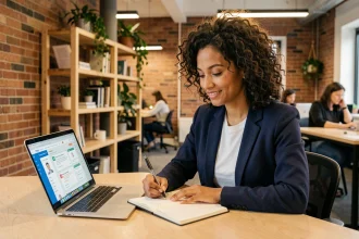 Une femme cadre en start-up suit une formation en ligne sur son ordinateur portable dans un bureau moderne en open space