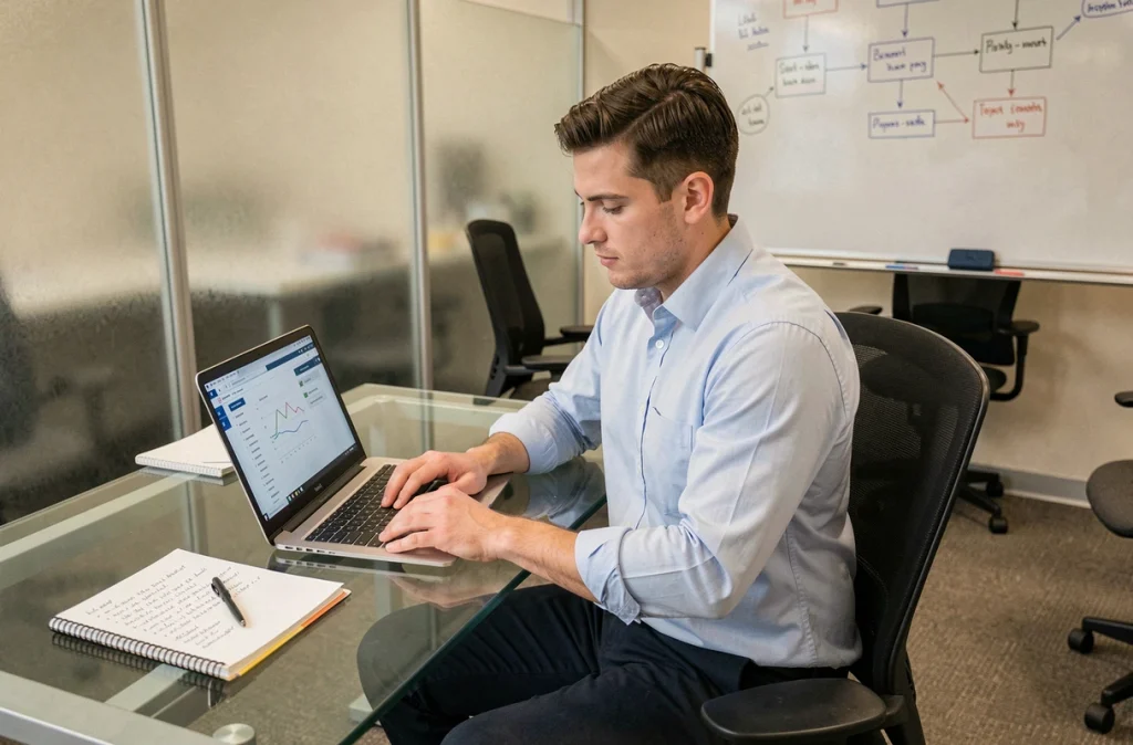 Un jeune professionnel suit une formation en ligne dans une salle de réunion d'entreprise, symbolisant la montée en compétences par la mobilité interne