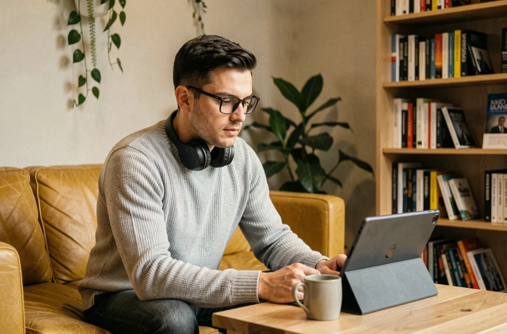 Un développeur en start-up regarde une vidéo de formation professionnelle sur une tablette dans un espace de détente au bureau