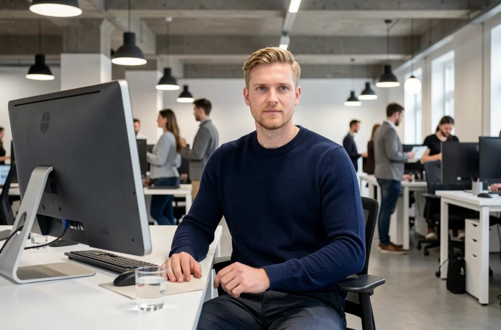 Homme en CDI full remote travaillant dans un espace de coworking moderne à Lyon avec double écran