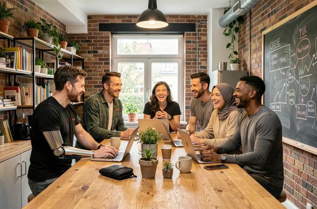 Équipe multiculturelle et inclusive d'une startup française partageant un moment convivial dans la cuisine de bureau, représentant la diversité au travail