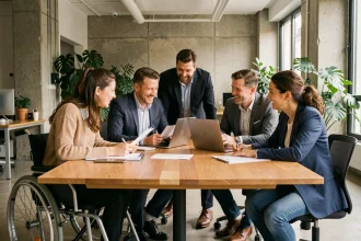 Équipe professionnelle diverse incluant une personne en fauteuil roulant lors d'une réunion collaborative dans un bureau moderne parisien