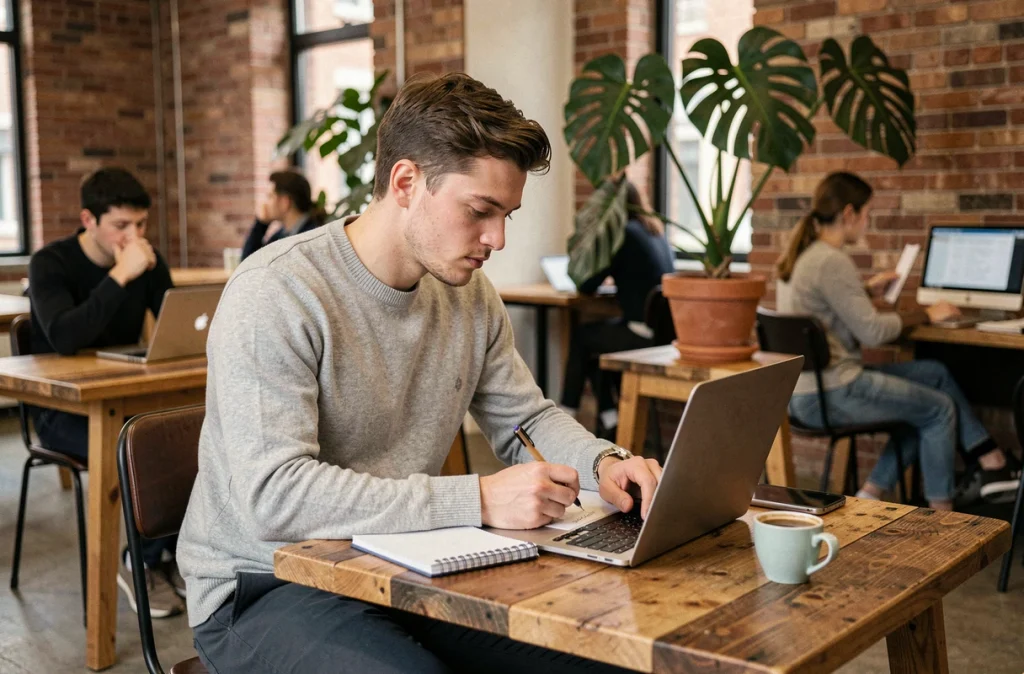 Jeune salarié travaillant de façon autonome dans un espace de coworking, symbole des nouvelles attentes des travailleurs modernes envers leur employeur