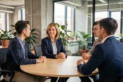 Manager bienveillante à l'écoute de ses collaborateurs lors d'une réunion en open space moderne