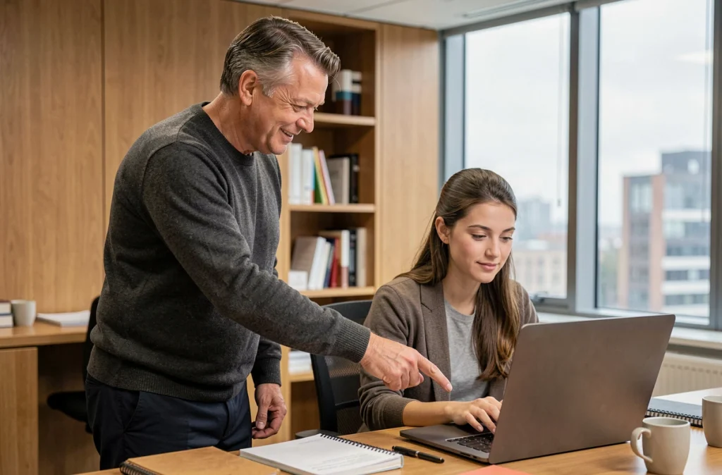 Responsable bienveillant accompagnant une collaboratrice devant son ordinateur dans un bureau calme