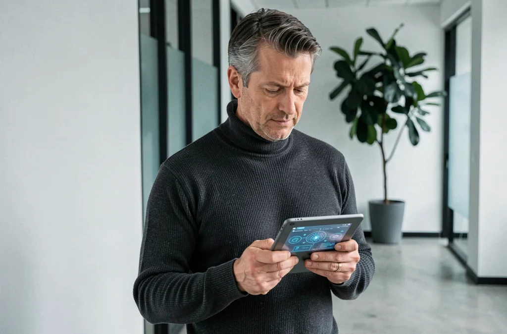 Manager expérimenté consultant un assistant basé sur l'intelligence artificielle via une tablette dans un couloir de bureau moderne