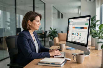 Manager utilisant le logiciel Nibelis sur son ordinateur pour suivre les absences de son équipe