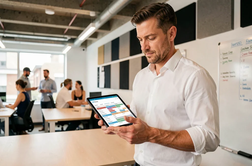Manager validant les demandes d'absence de son équipe sur une tablette avec l'interface Nibelis