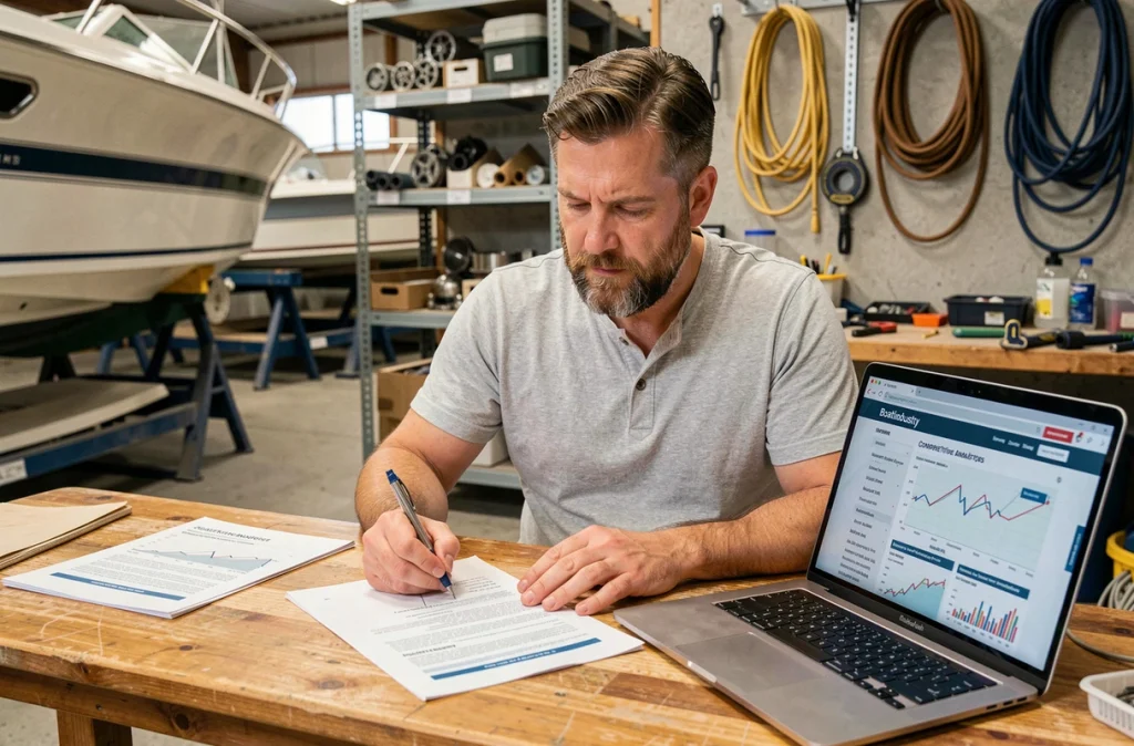 Professionnel du secteur nautique consultant le site BoatIndustry pour sa veille concurrentielle dans un chantier naval