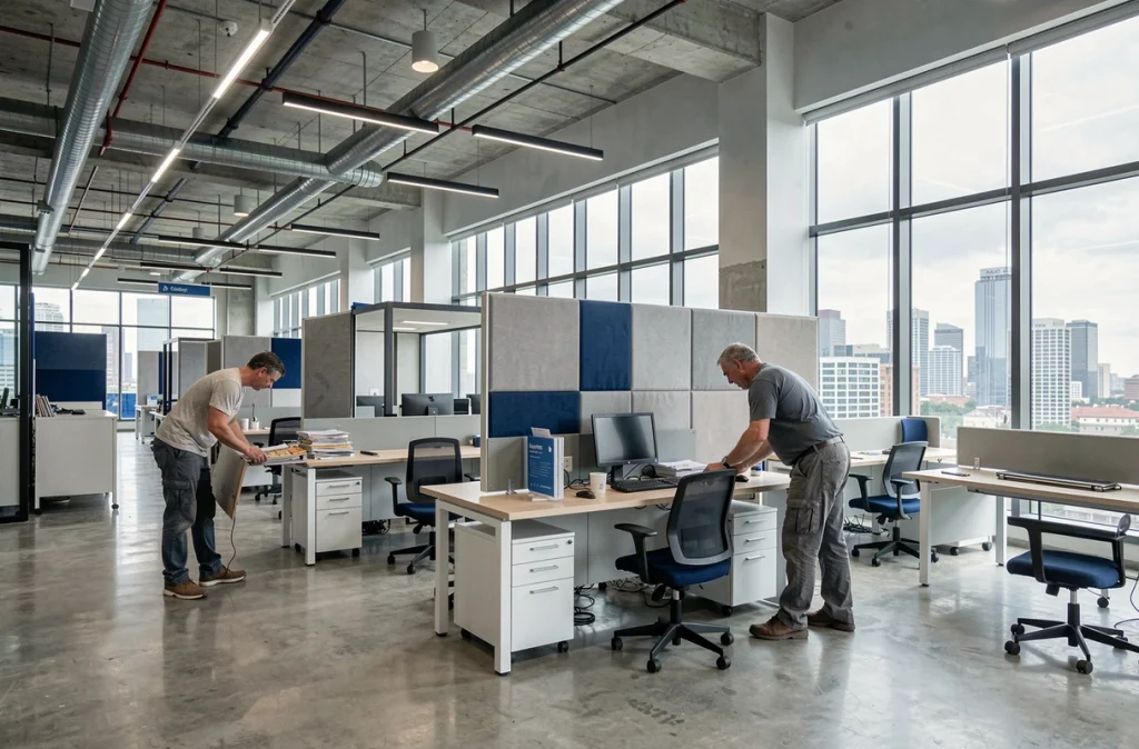 Réaménagement d'un open space de bureau moderne avec mobilier modulable et cloisons acoustiques