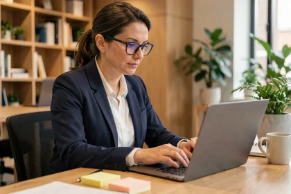 Professionnelle en blazer marine rédigeant un email de prospection sur son ordinateur portable dans un bureau moderne