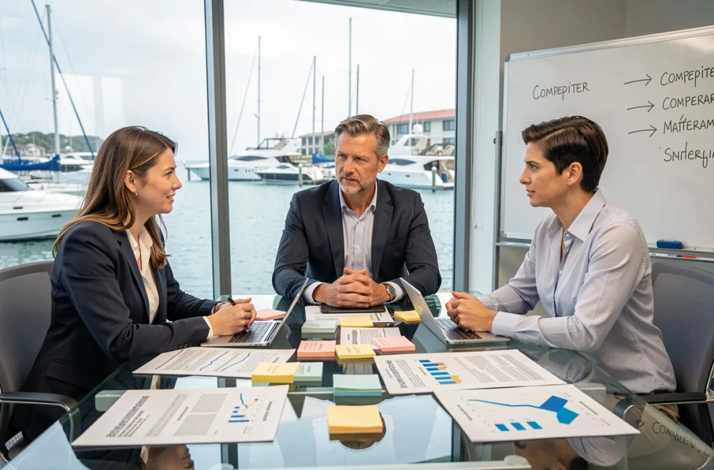 Équipe de professionnels en réunion stratégique de veille concurrentielle autour de rapports sur le marché nautique avec vue sur une marina
