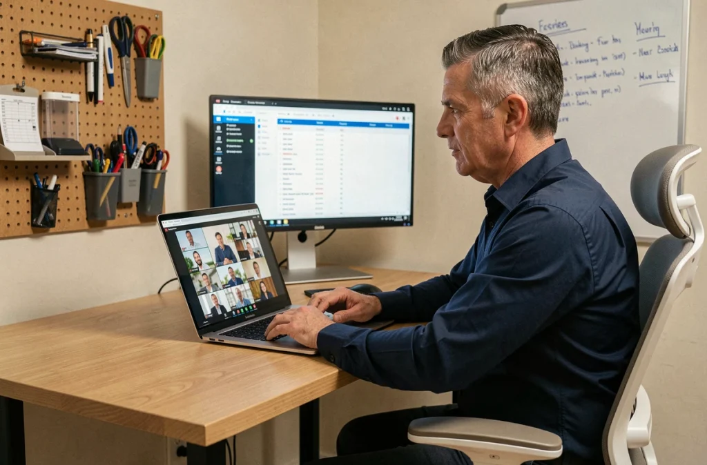 Homme en réunion hybride en visioconférence depuis son bureau à domicile avec collègues en télétravail