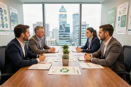 Réunion de professionnels autour d'une table de conférence pour discuter d'une stratégie RSE en entreprise