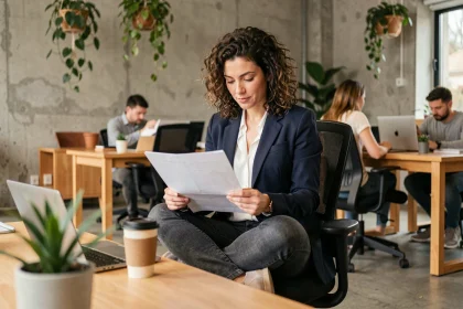 Salariée en télétravail hybride dans un open space moderne, illustrant les nouvelles attentes des employés en matière de flexibilité au travail