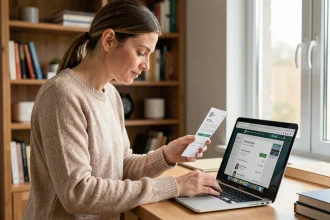 Femme consultant le suivi de colis Chronopost sur son ordinateur portable à domicile