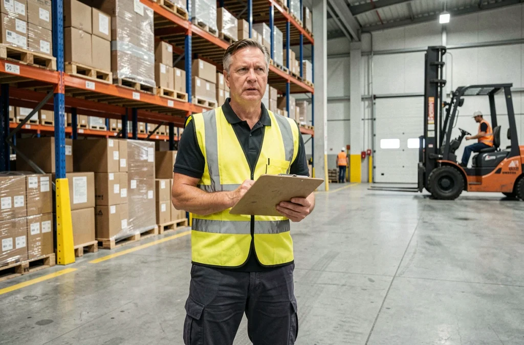 Technicien superviseur en gilet de sécurité gérant une opération logistique dans un entrepôt industriel