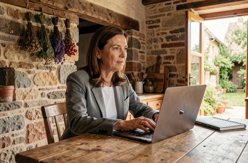 Femme en télétravail full remote depuis une maison de campagne en France, en réunion vidéo pour un poste en CDI