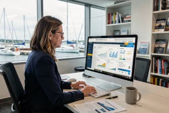 Professionnelle analysant des données de veille concurrentielle sur l'industrie nautique depuis son bureau avec vue sur le port