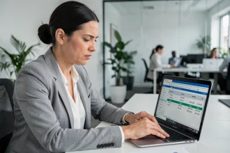 Femme en blazer gris vérifiant un numéro SIRET sur un ordinateur portable dans un bureau moderne